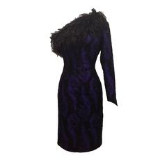 Patrick Kelly 80s Feather Print Quilted Cocktail Dress with Feather Trim