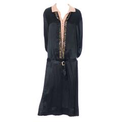 1920s Antique Dress Black Silk Fine Floral Embroidery MOP Belt Buckle 44B