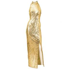 Vintage Ted Lapidus Gold Sequined Halter Gown