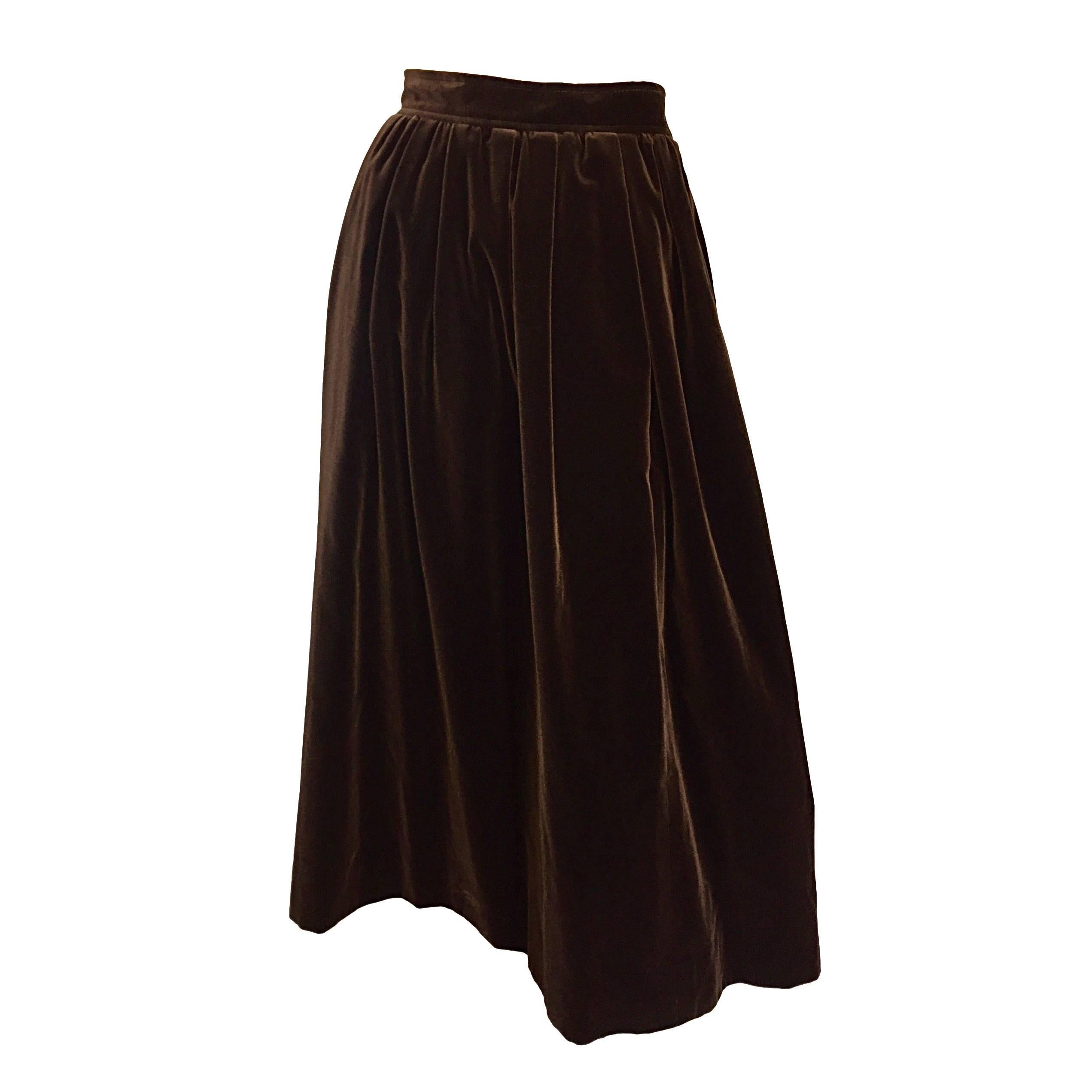 Yves Saint Laurent 1970s Vintage Chocolate Brown Velvet 70s Full Midi Skirt YSL For Sale
