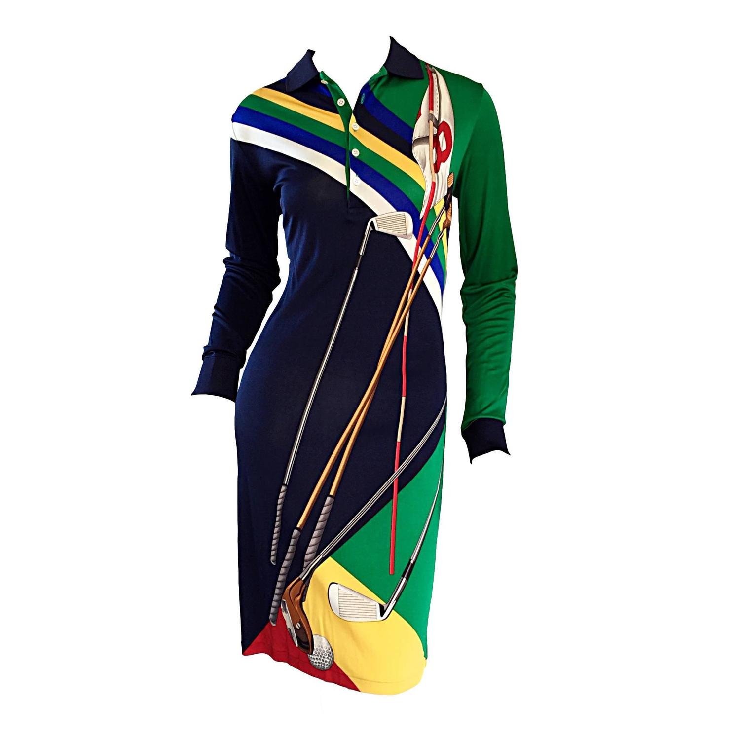 Vintage Ralph Lauren '' Blue Label '' Silk Jersey Shirt Dress w/ Golf Theme  at 1stDibs