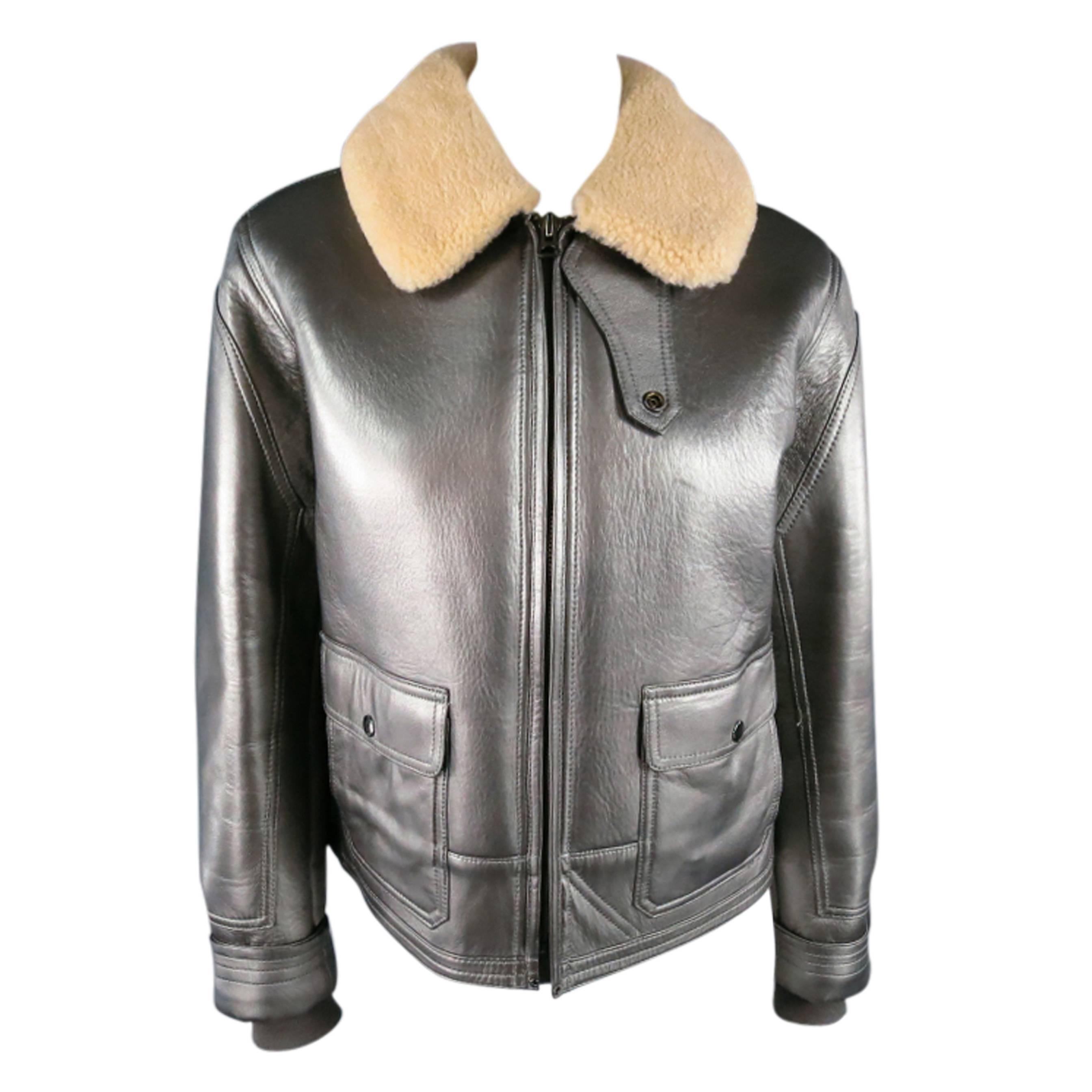 RLX by RALPH LAUREN Size L Metalic Silver Leather Lamb Skin Shearling Jacket