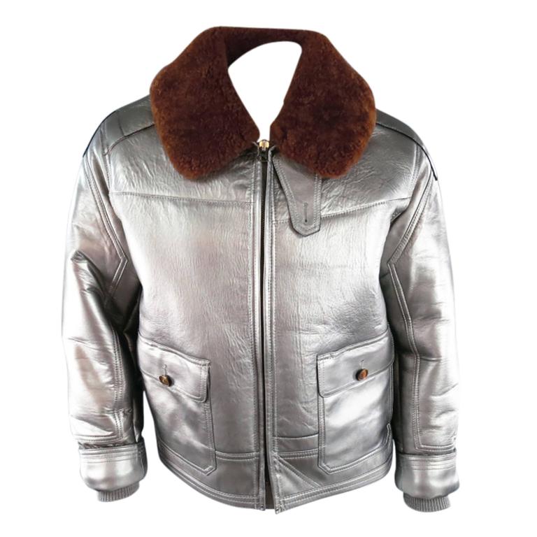 Rlx By Ralph Lauren Mens 42 Metallic Silver Leather Brown Sharling Rlx By Ralph Lauren Mens 42 Metallic Silver Leather Brown Sharling Collar Jacket For