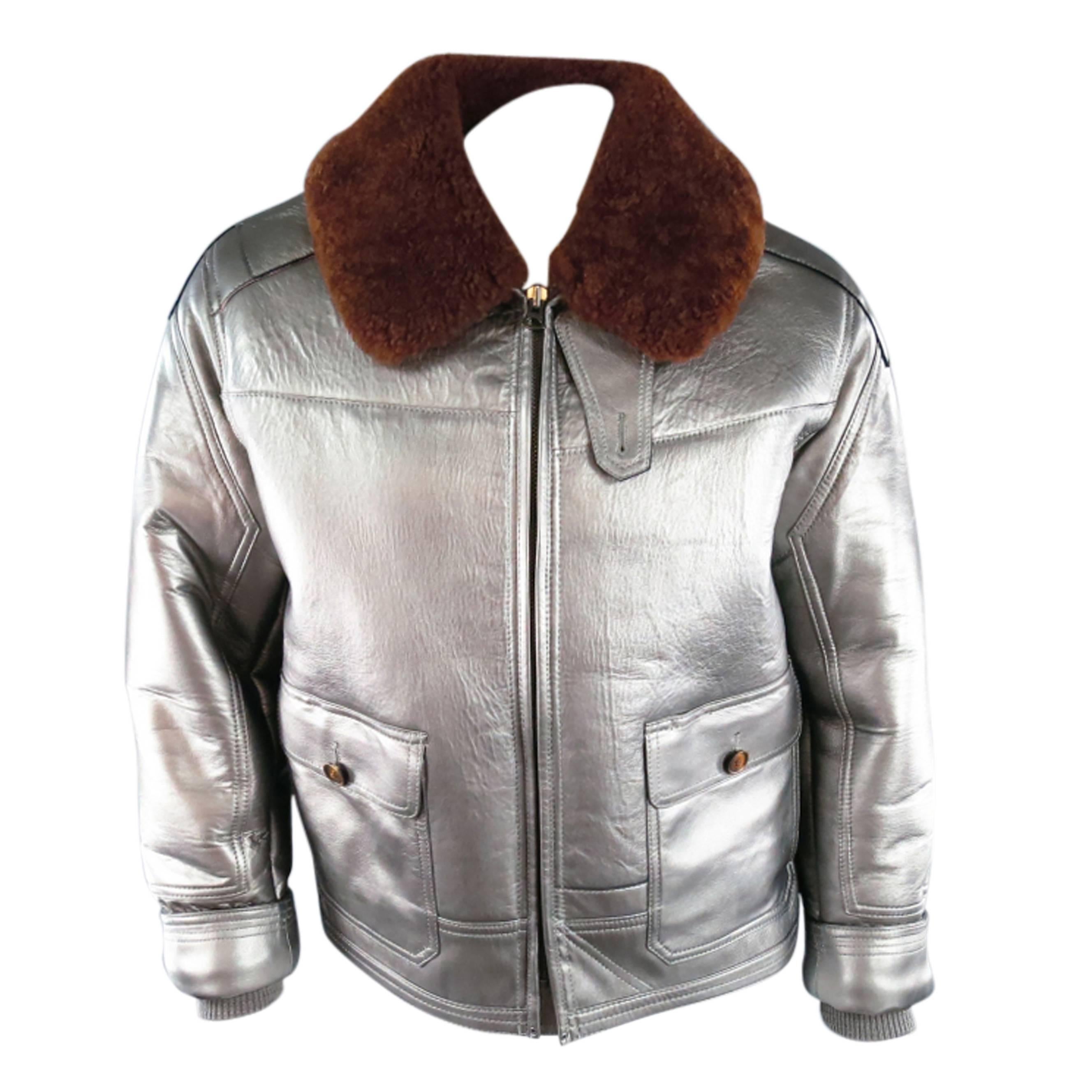 RLX by RALPH LAUREN Mens 42 Metallic Silver Leather Brown Sharling Collar Jacket