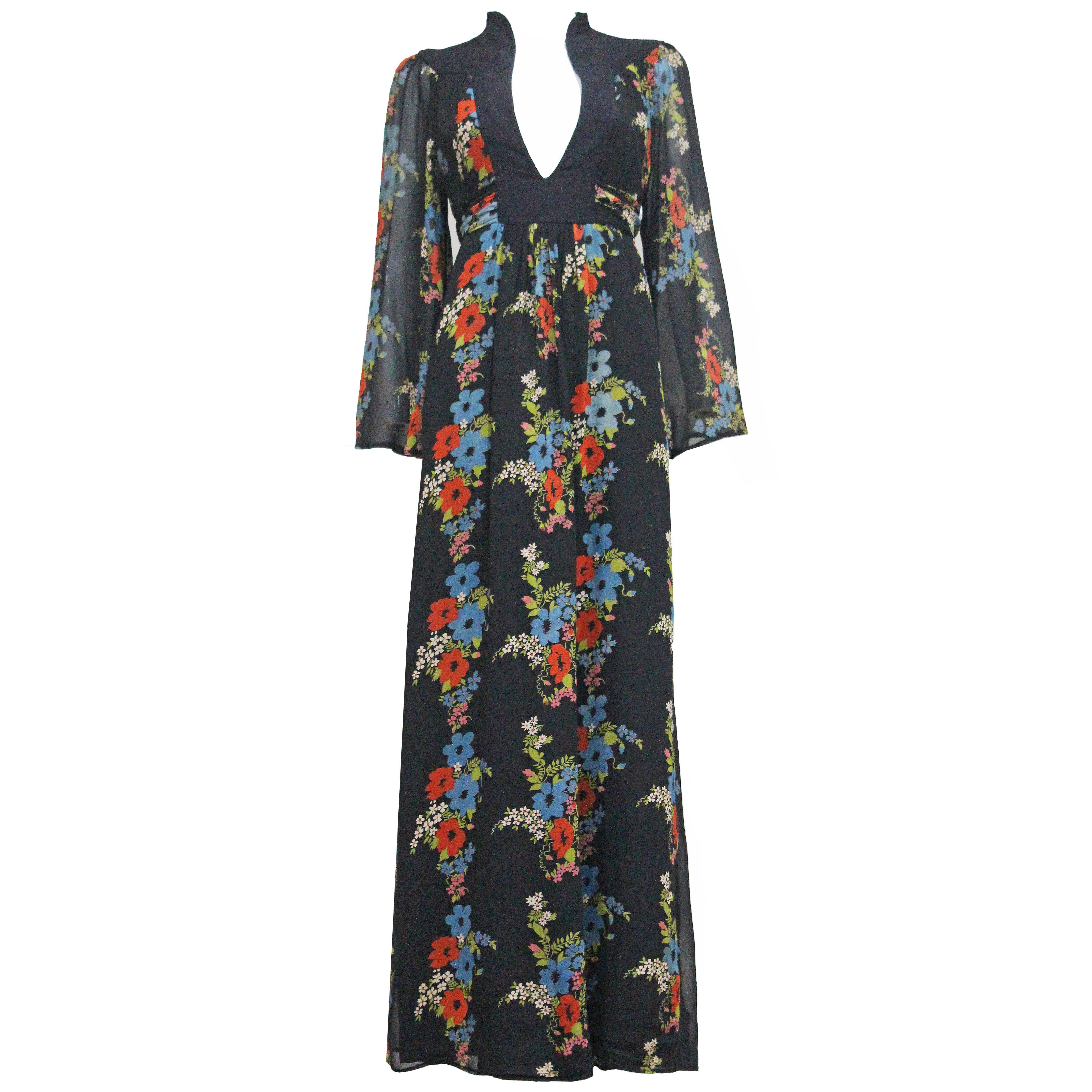 1970s Ossie Clark Chiffon Floral Dress With Celia Birtwell Print
