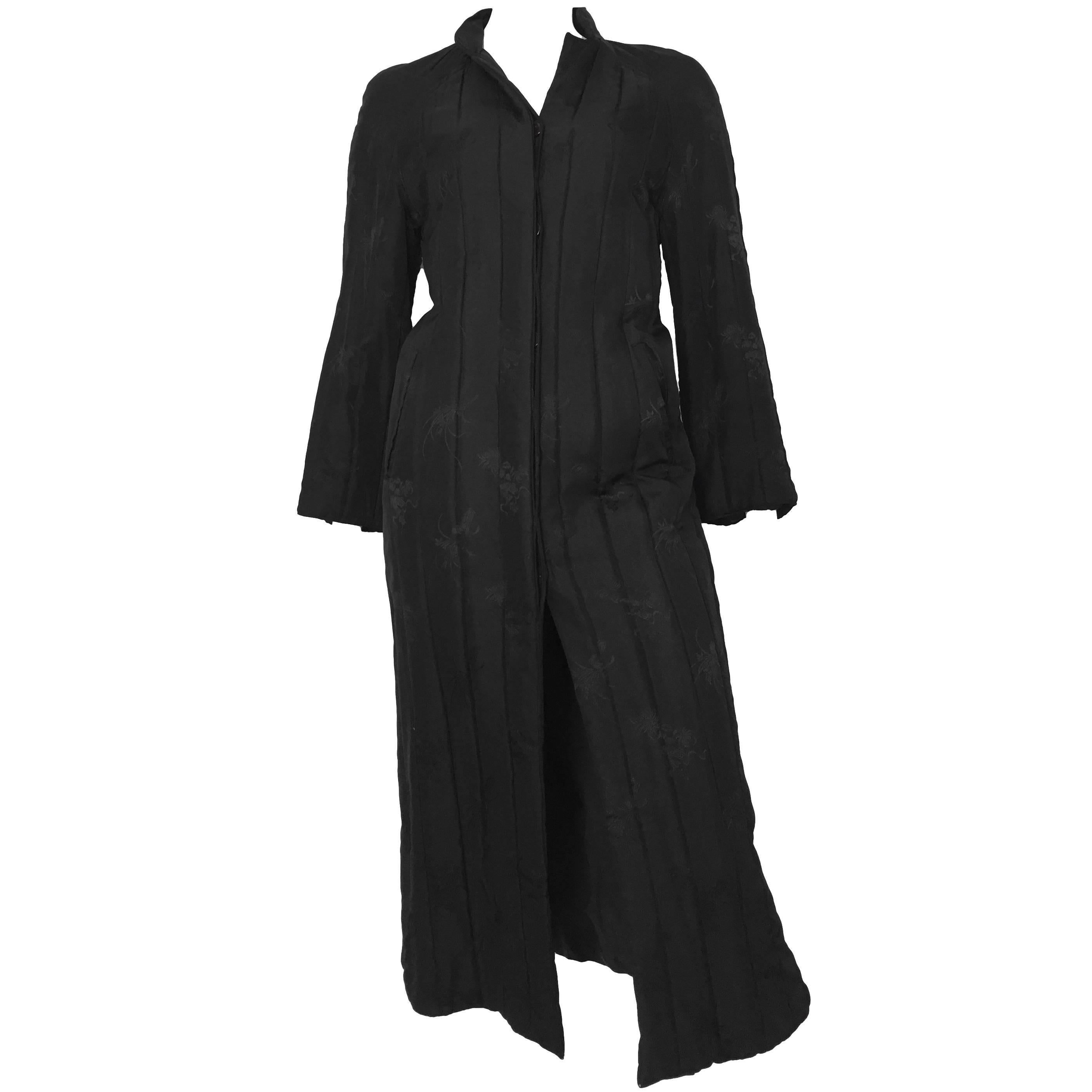 Bergdorf Goodman long black silk quilted coat, 1980s