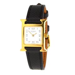 Hermes Goldtone H Heur PM Watch With Black Epsom Band