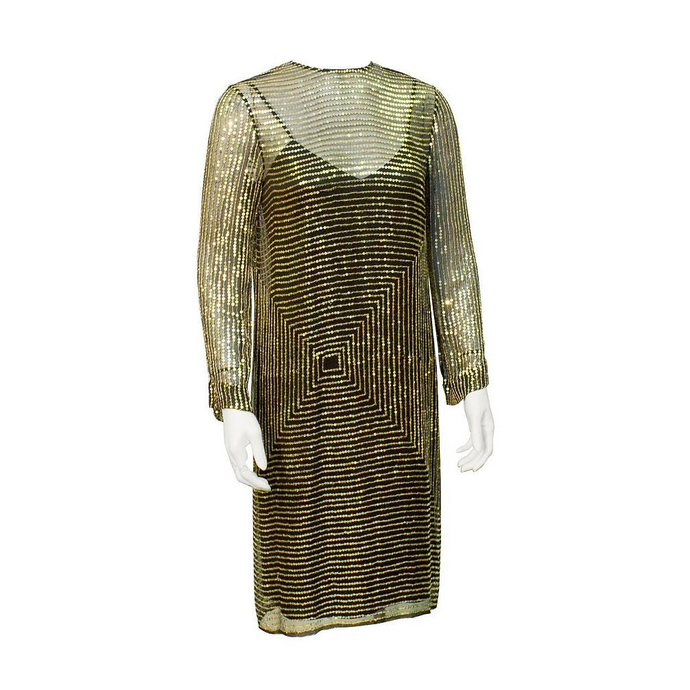 1970s Marion Wagner Gold Geometric Sequin Cocktail Dress