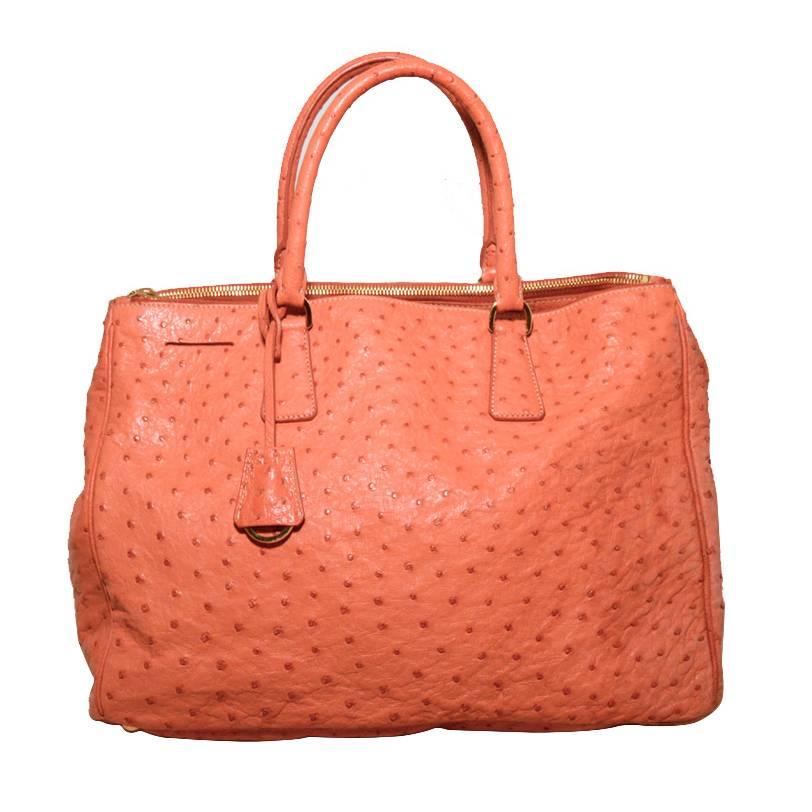 Prada Galleria Saffiano Peach Coral Ostrich Leather Tote Bag