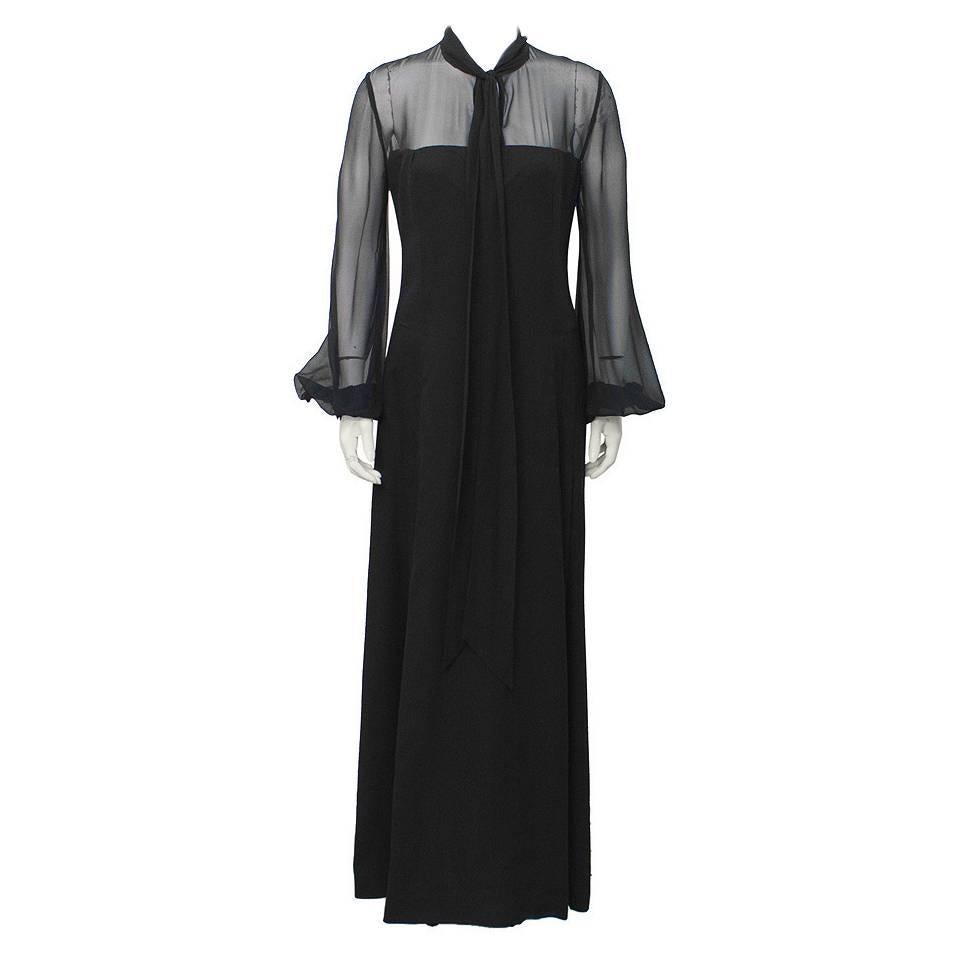 1960's Annacat Black Chiffon Maxi Dress