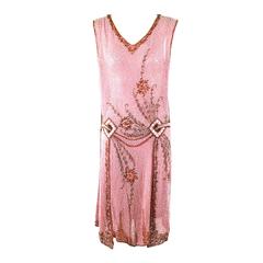 Pink Silk Heavily Beaded Flapper Dress