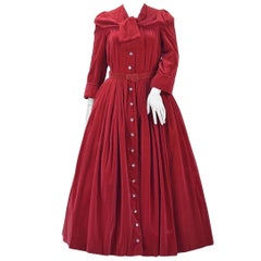 Vintage 1950s YSL for Christian Dior Red Velvet Button Front Dress 