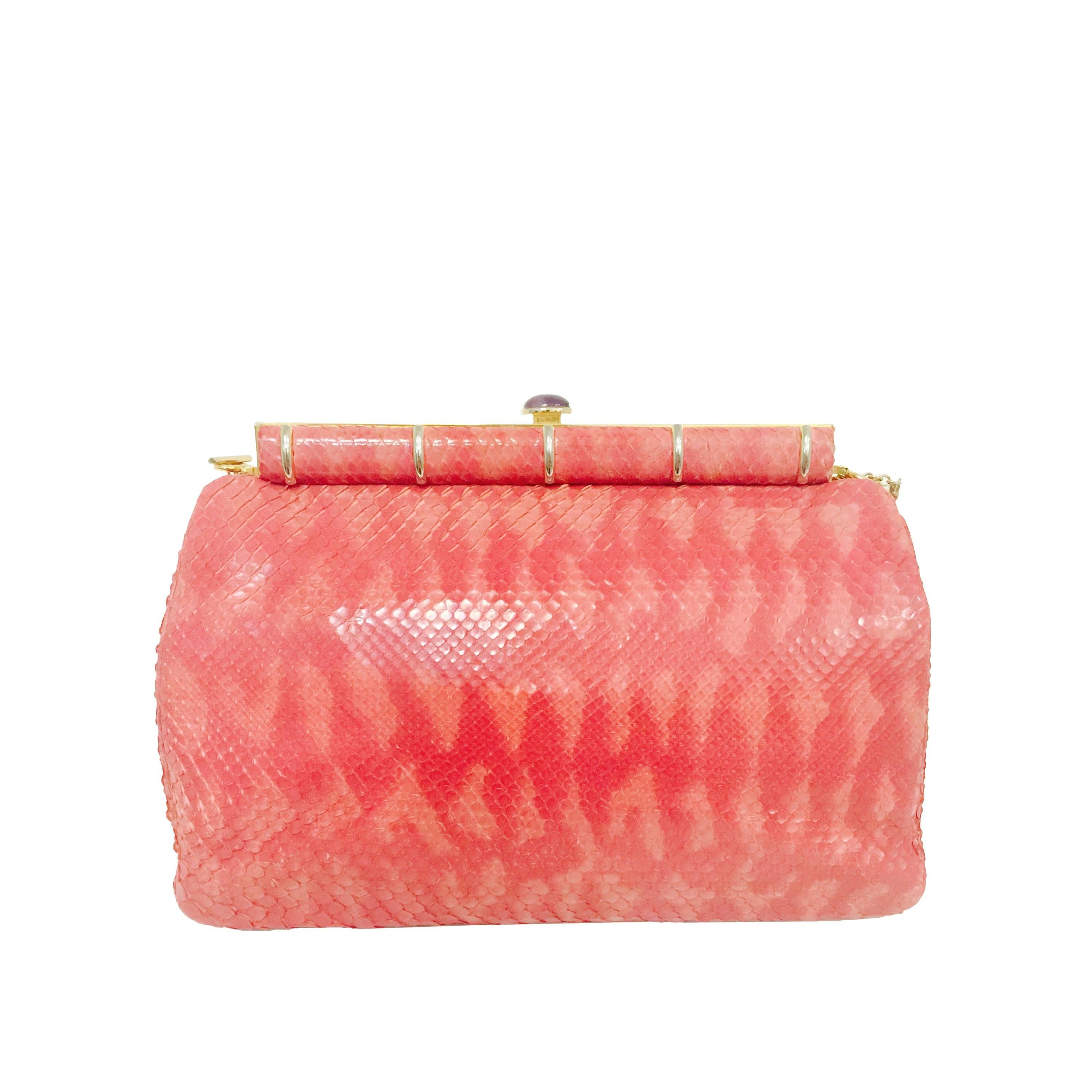 Judith Leiber Pink Python Shoulder Bag With Jeweled Clasp  For Sale