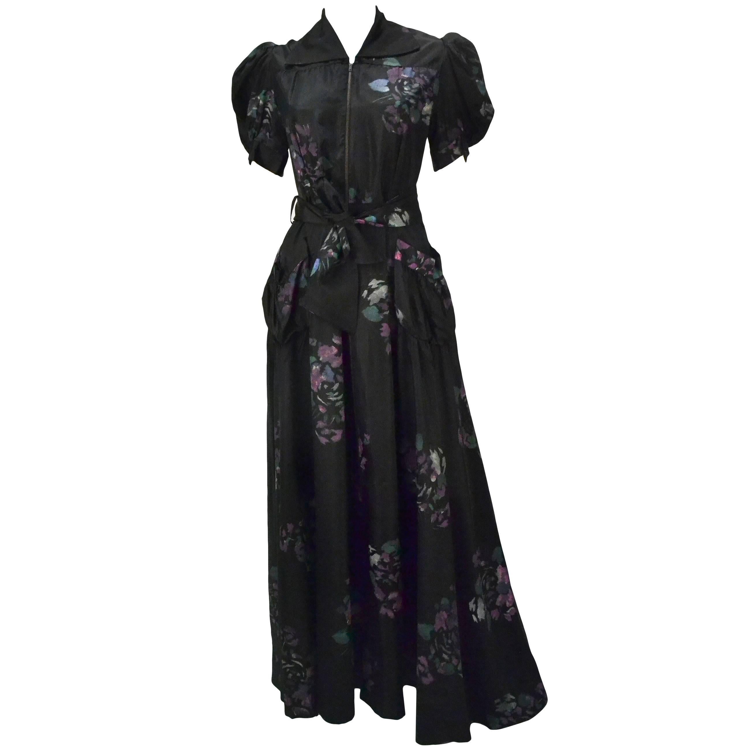 Stunning 1940's Royal Maid Loungewear Black Hand Painted Dress