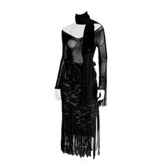 Amazing Tom Ford YSL Rive Gauche FW01 Black Silk Velvet Macrame Skirt & Sweater