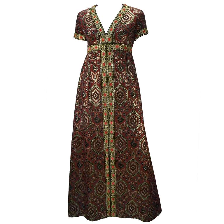 1970s Deep Red with Gold Metallic Patterned Dress For Sale at 1stdibs