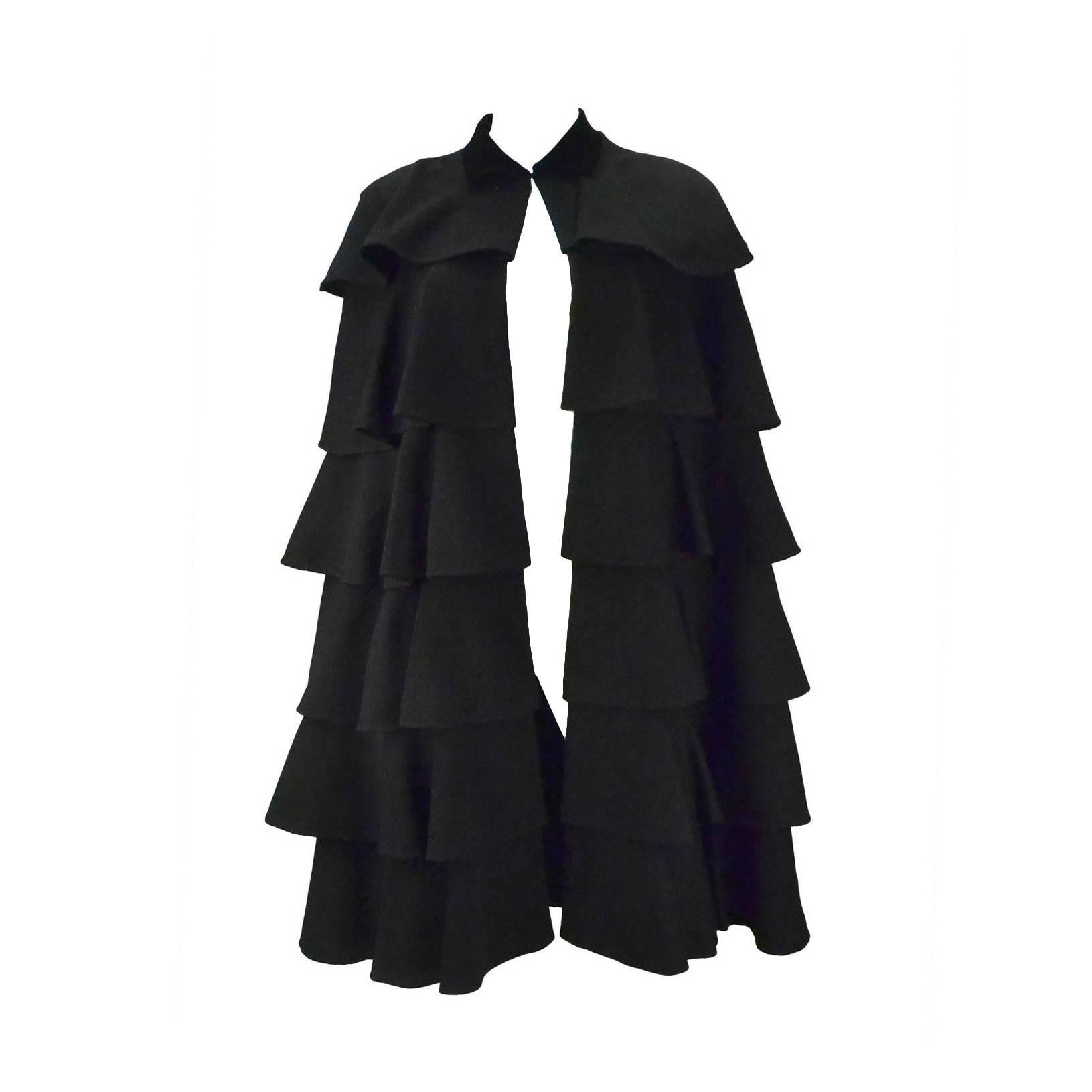 1940s Gilbert Adrian Black Tiered Ruffle Cape  For Sale