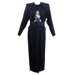 Galanos Black Silk Cocktail Dress with Lace Insert & Belt