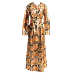 1970s Krist Mod Gold & Copper Lame Metallic Vintage Maxi Dress Asian Inspired