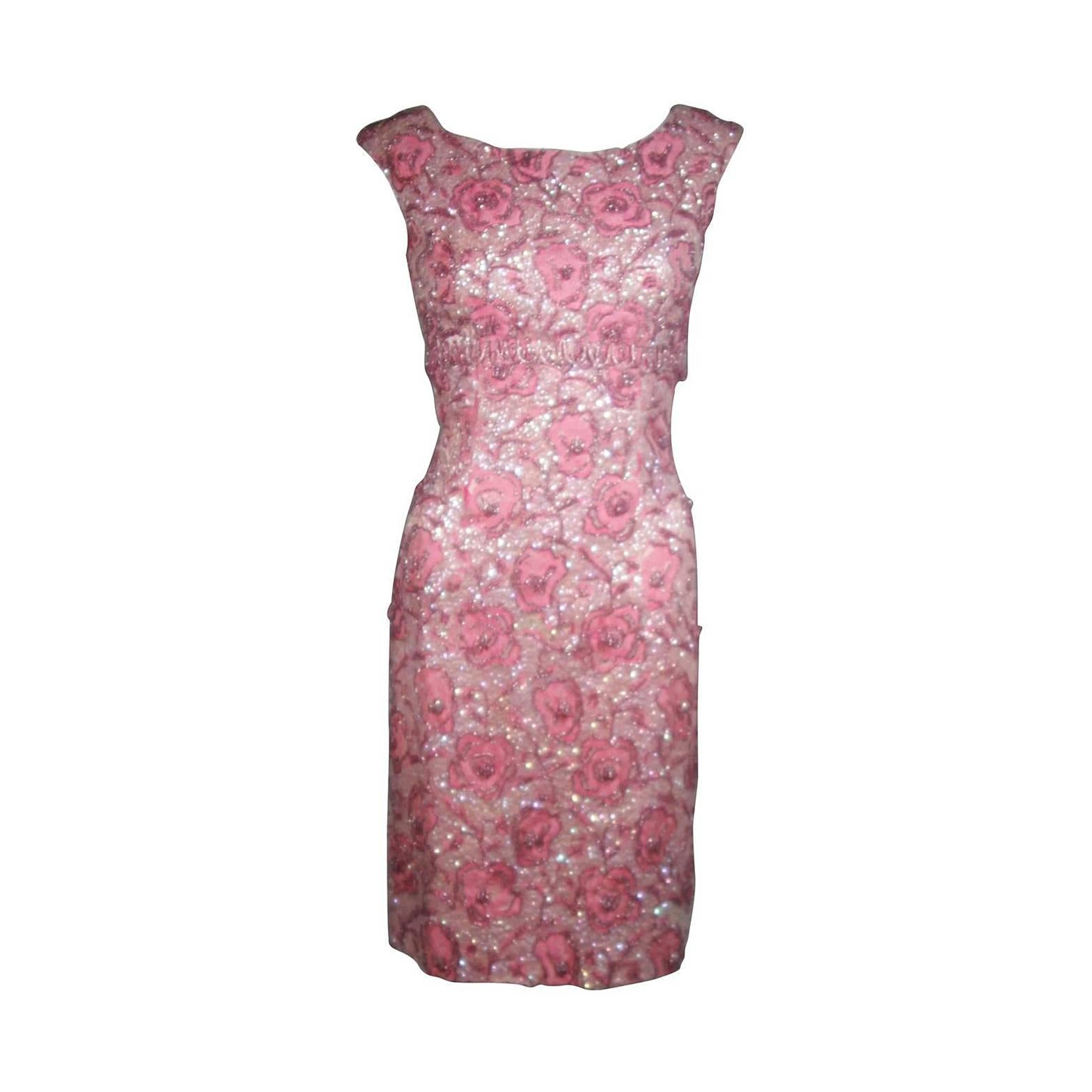 1960's SAKS 5TH AVE Pink Floral Brocade Hand Beaded Cocktail Dress Sz 4