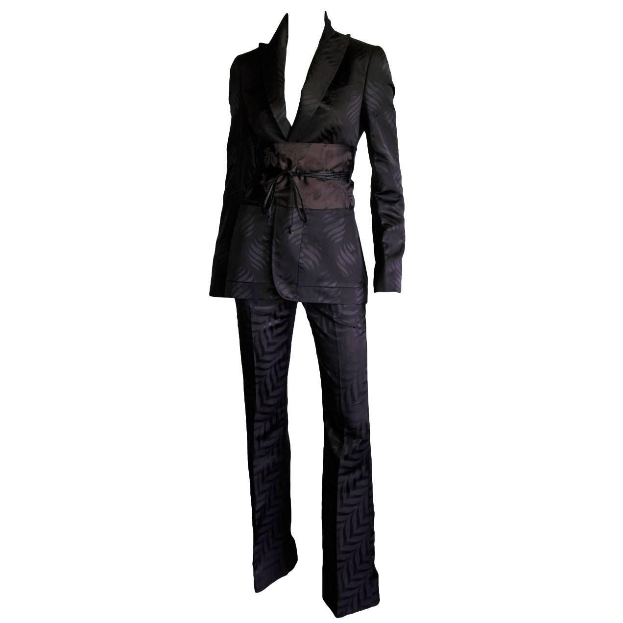 Iconic Tom Ford Gucci FW02 Gothic Collection Silk Kimono Jacket Pants & Obi IT42 For Sale