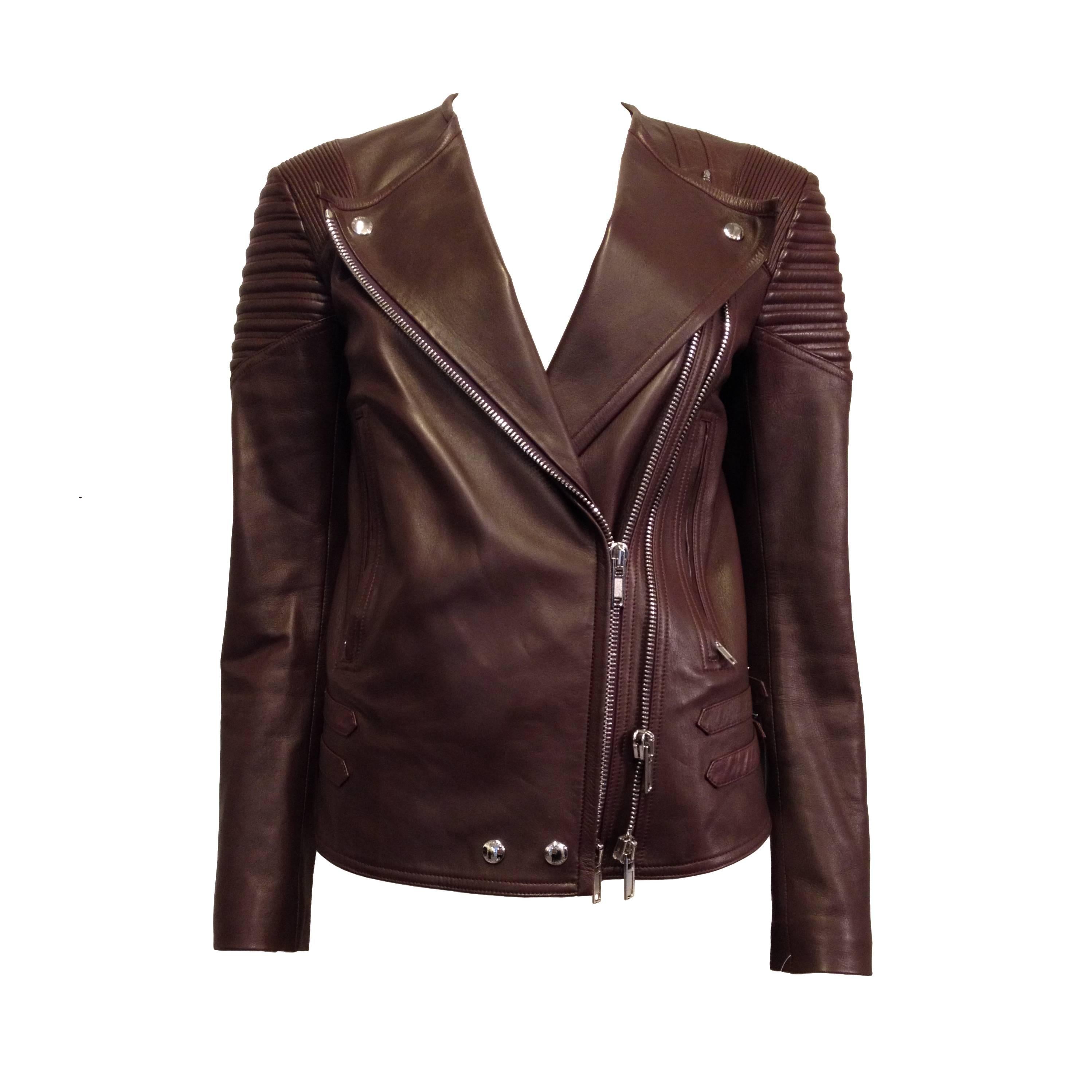 Givenchy Burgundy Ribbed Leather Motorcycle Jacket Size 38 (6) For Sale