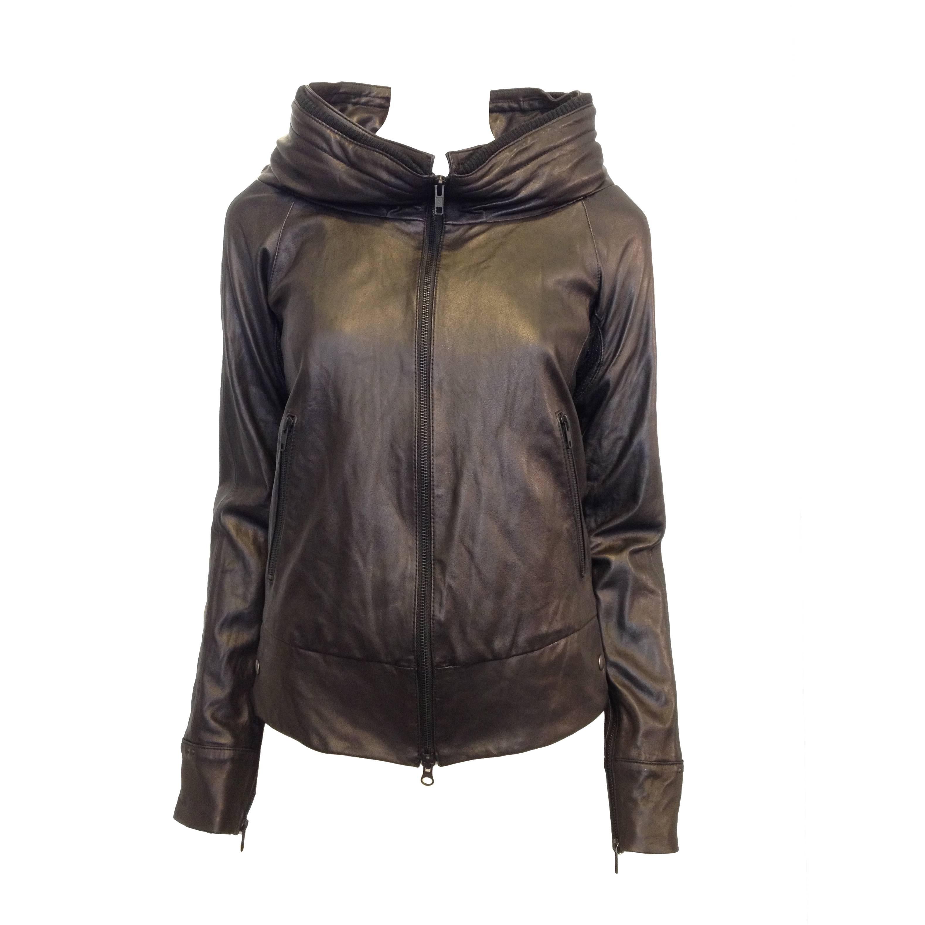 LGB Black Leather Hooded Bomber Jacket