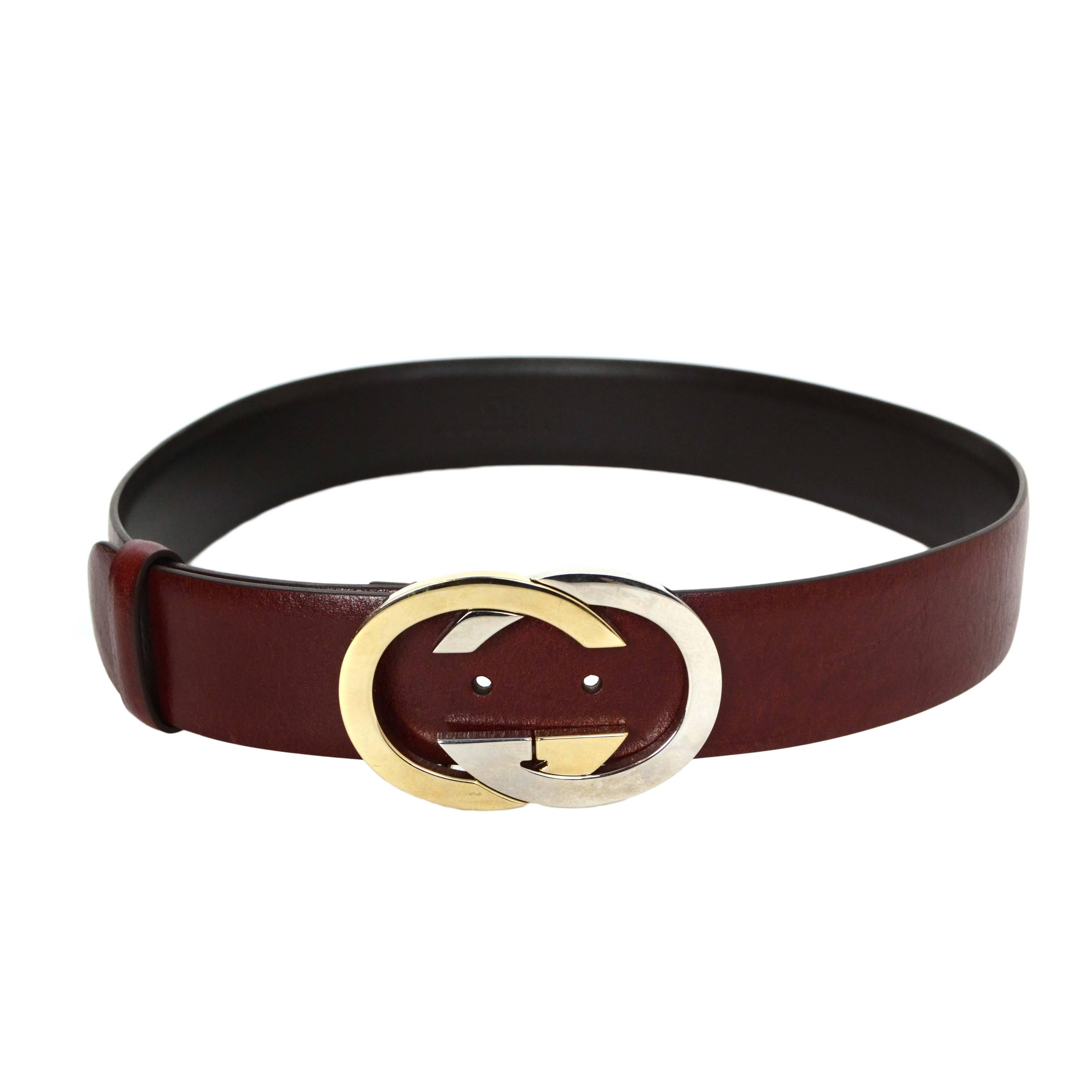 Gucci Burgundy Leather Belt With Two Tone Logo Buckle