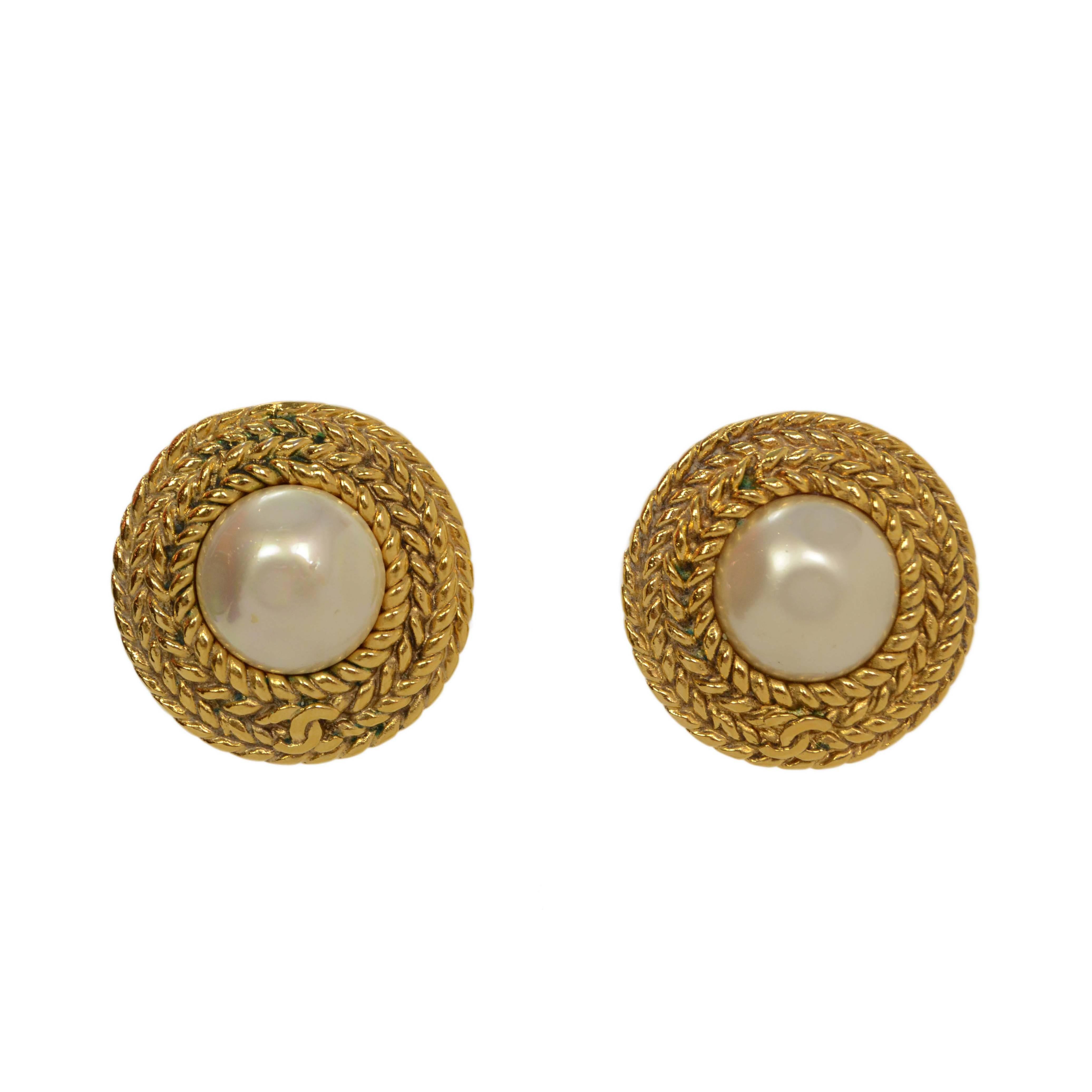 Chanel Faux Pearl Clip On Earrings With Braided Border