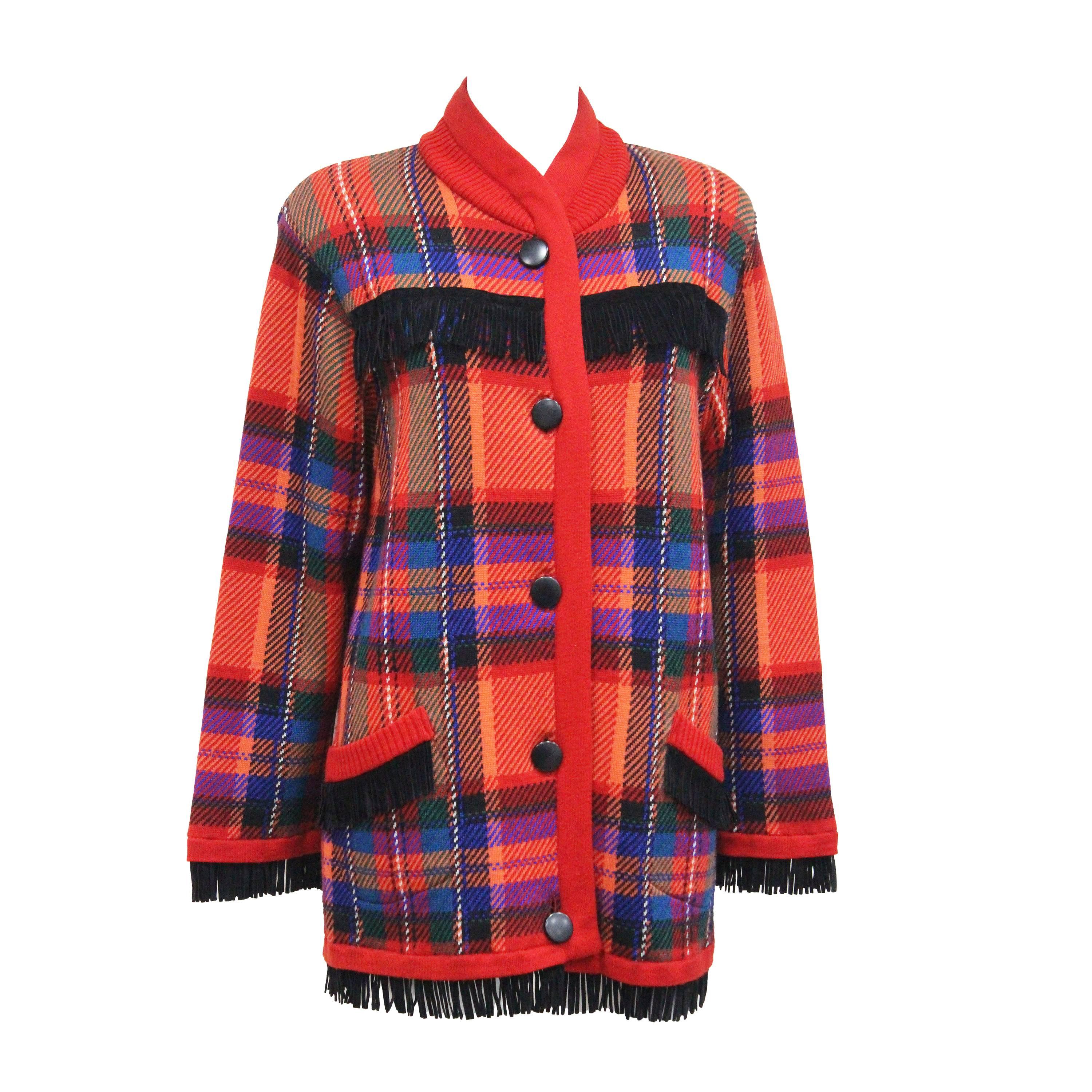 1970s Yves Saint Laurent Plaid Woollen Cardian Jacket With Suede Fringing 
