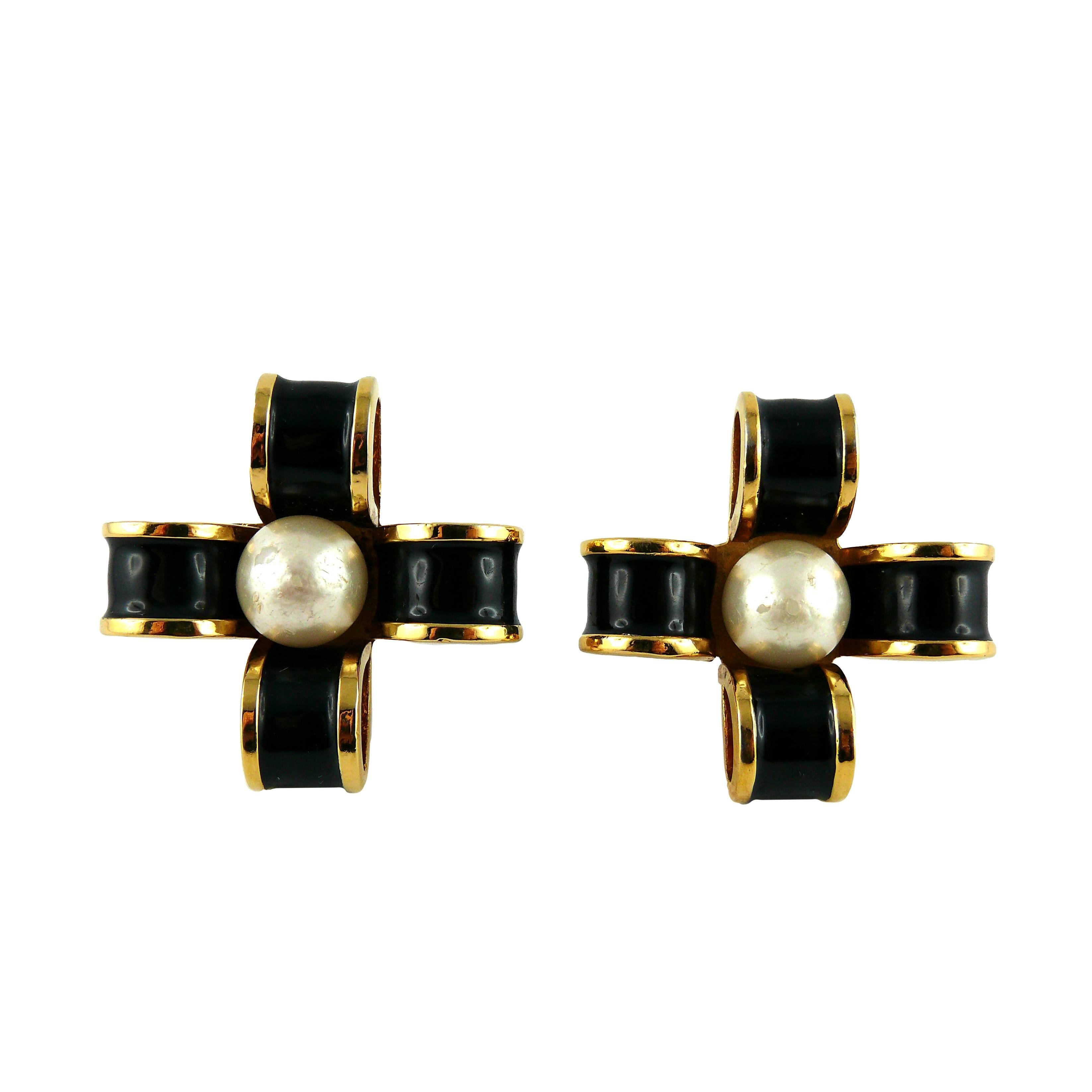 Chanel Vintage Enamel and Pearl Bow Clip-On Earrings