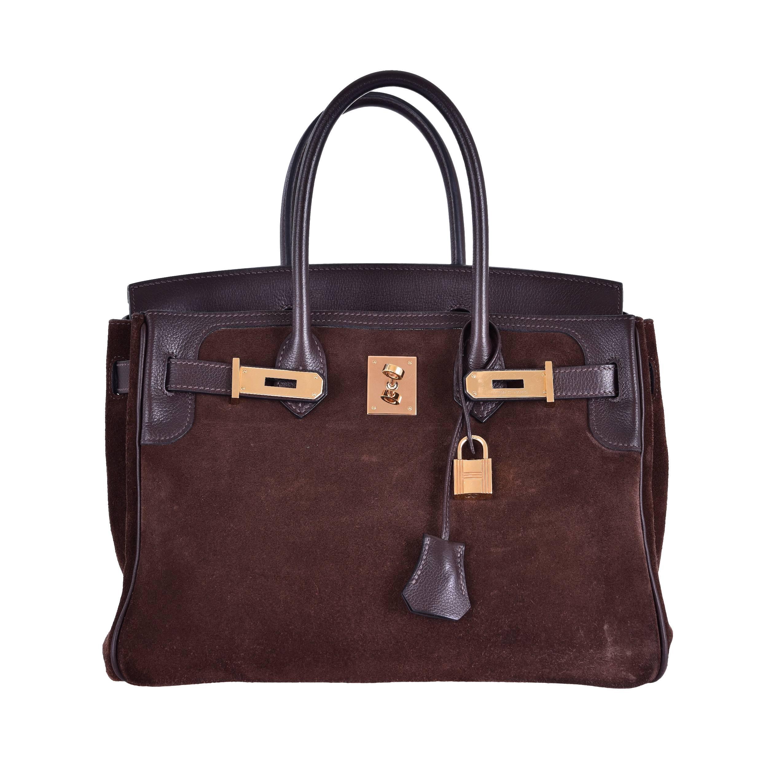 HERMES 30CM Chocolate Veau Doblis Suede Birkin Bag with Gold Hardware JaneFinds