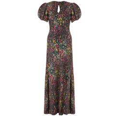 1930s Floral Lame Dress with Puff Sleeves 