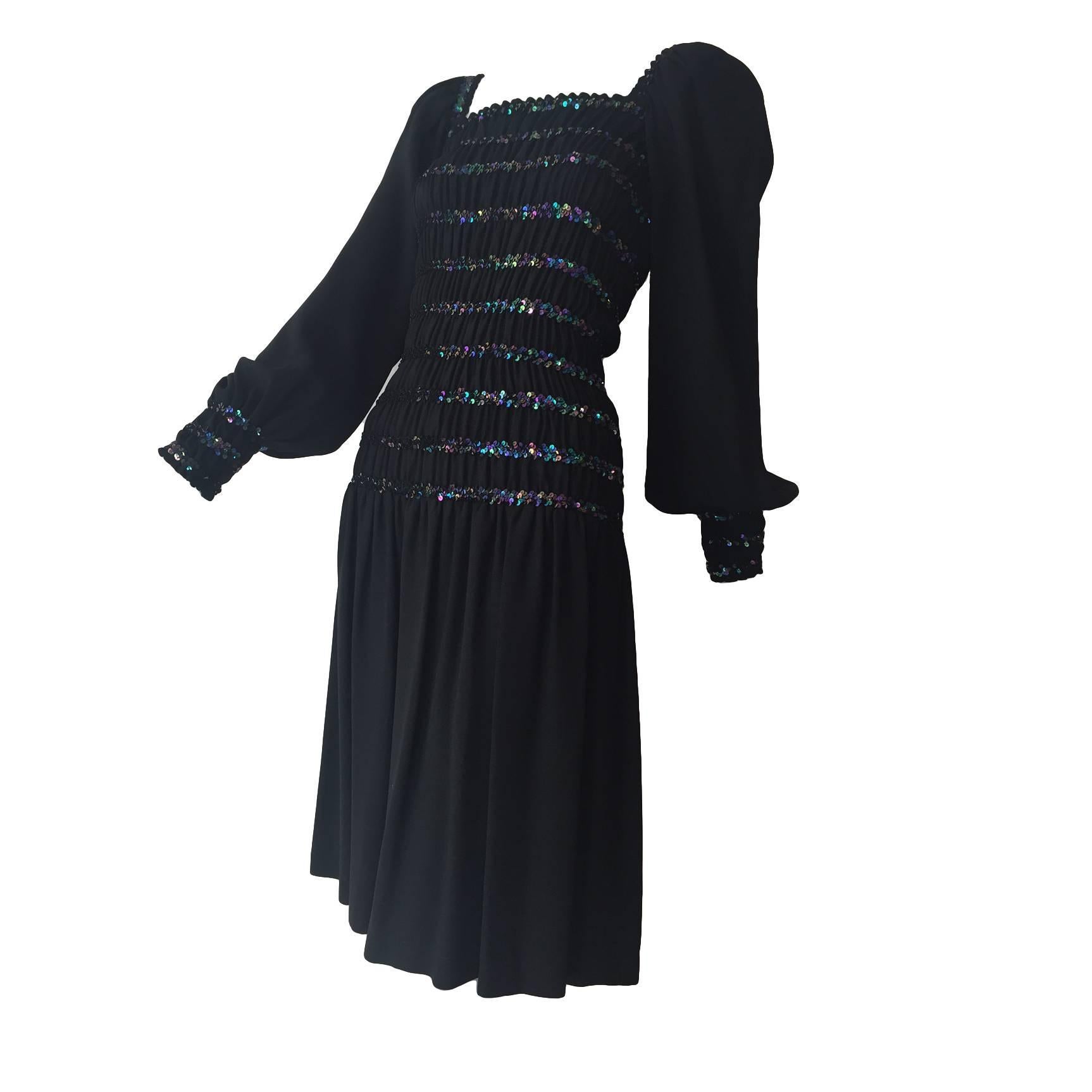1970s Saint Laurent Peasant-Style Black Crepe and Sequin Dress