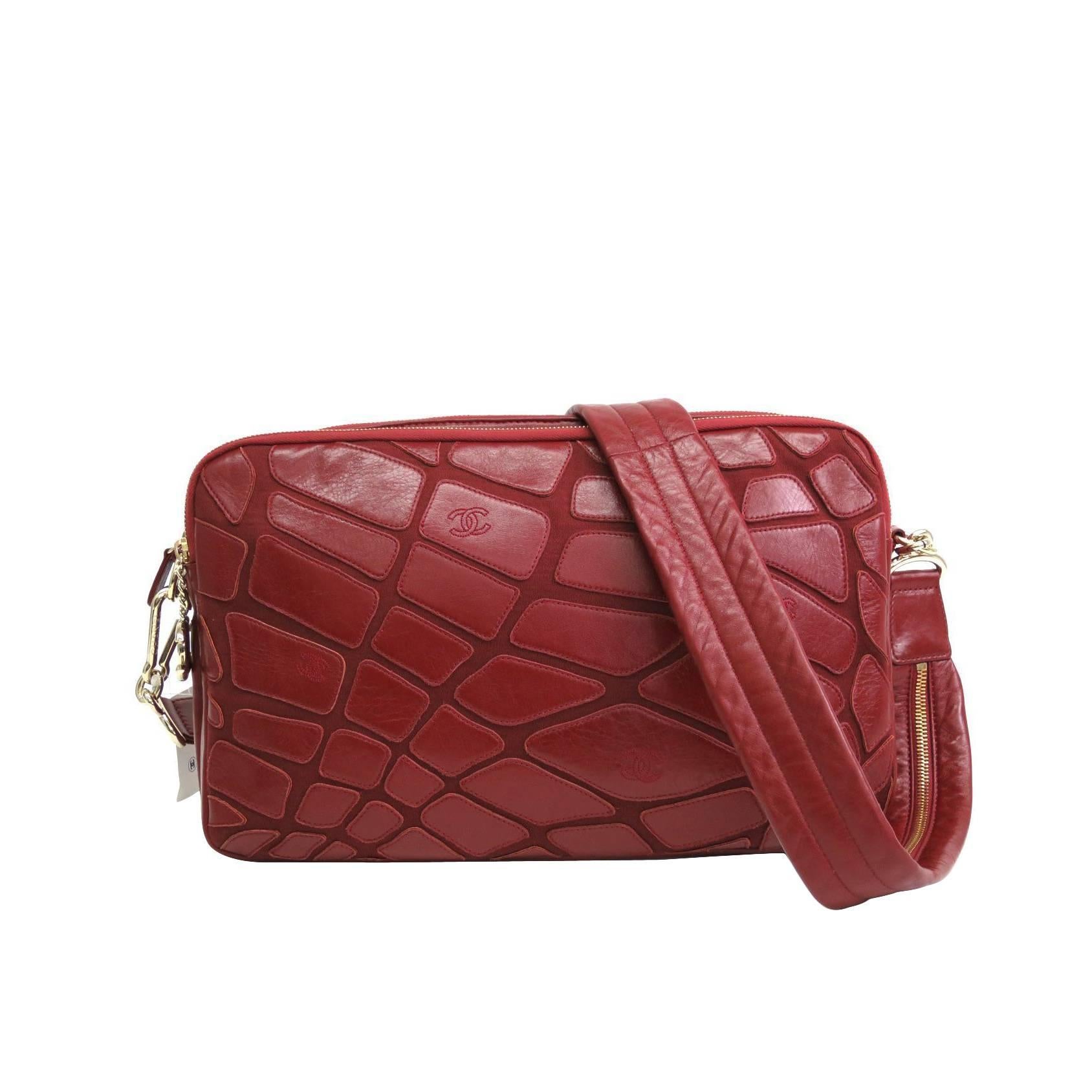 Chanel Red Lambskin Leather & Jersey Patchwork Crossbody Shoulder Bag