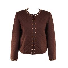HERMES PARIS Vintage Brown QUILTED New Wool Collarless JACKET w/ SPIKES Sz 40