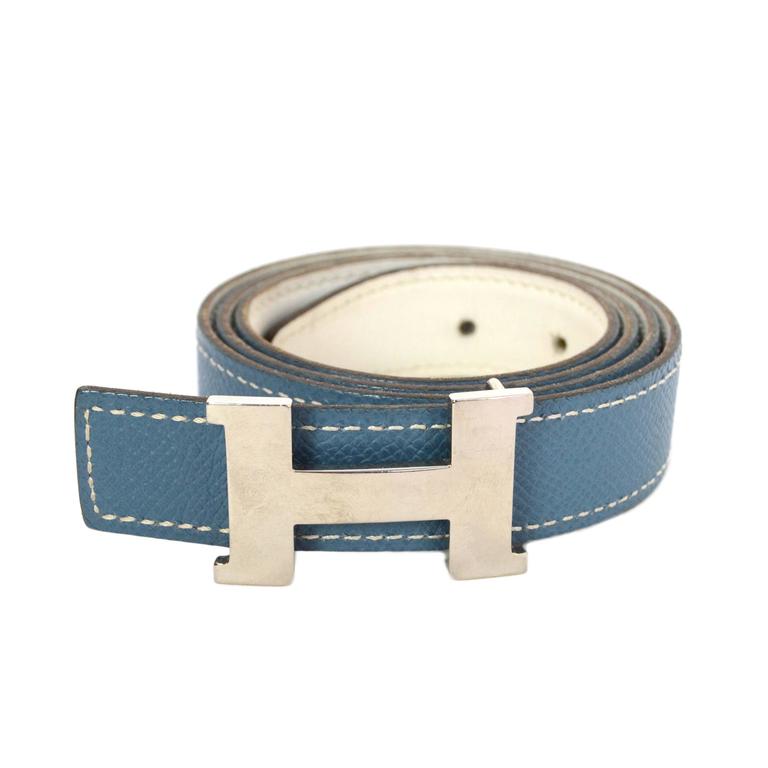 Hermes Blue Jean and White Leather Reversible Thin Belt sz 80 PHW For