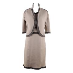 OSCAR DE LA RENTA Beige & Gray Cashmere DRESS and JACKET SET Size S 12