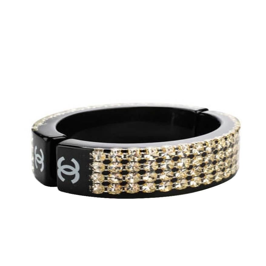 Chanel CC Crystal Resin Black Gold Bangle Cuff Bracelet
