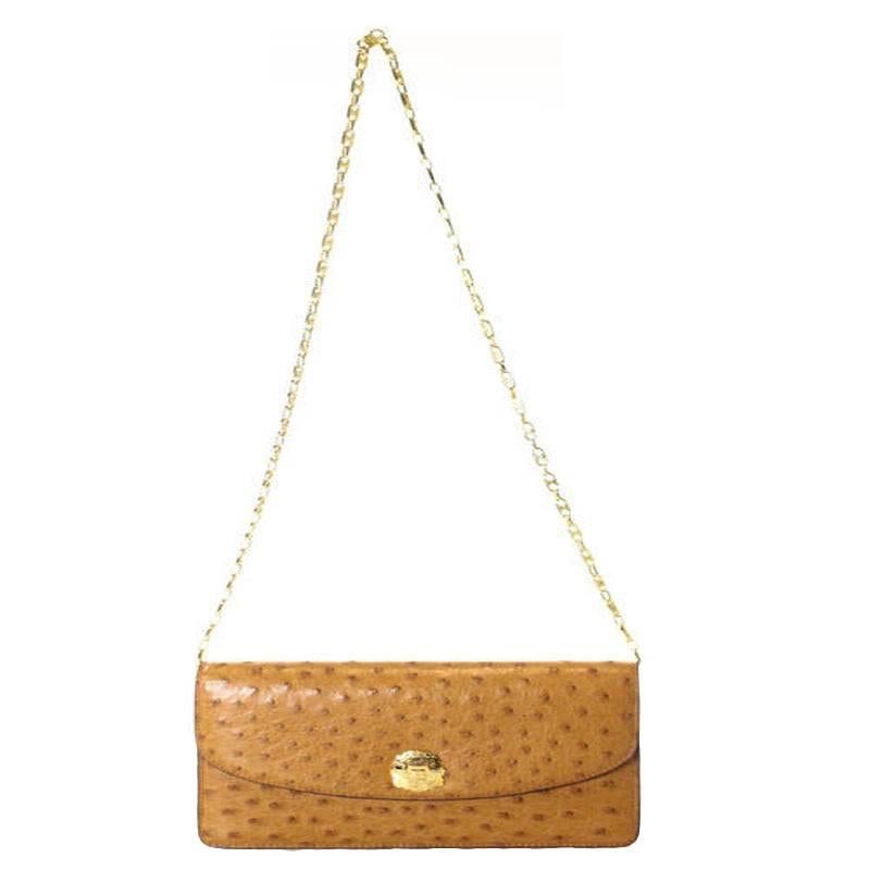 Celine Rare Vintage Cognac Ostrich Leather Gold Chain Shoulder Flap Bag