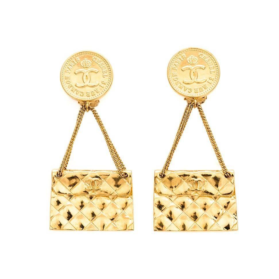 Chanel Gold 2.55 Quilted Bag Dangle Earrings at 1stdibs