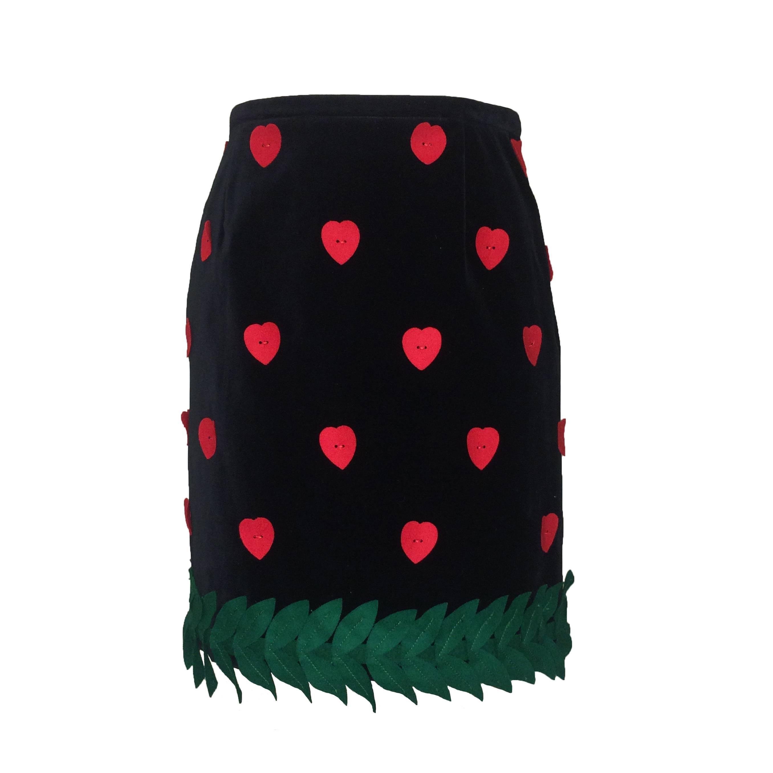 Moschino Cheap & Chic 90s Black Velvet Skirt with Felt Hearts & Leaves