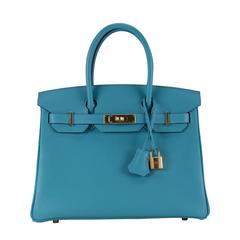 Hermes Handbag Birkin 30 Taurillion Blue Gold Hardware 2015.