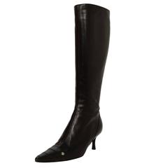 Chanel Black Leather Kitten Heel Knee-High Boots sz 38