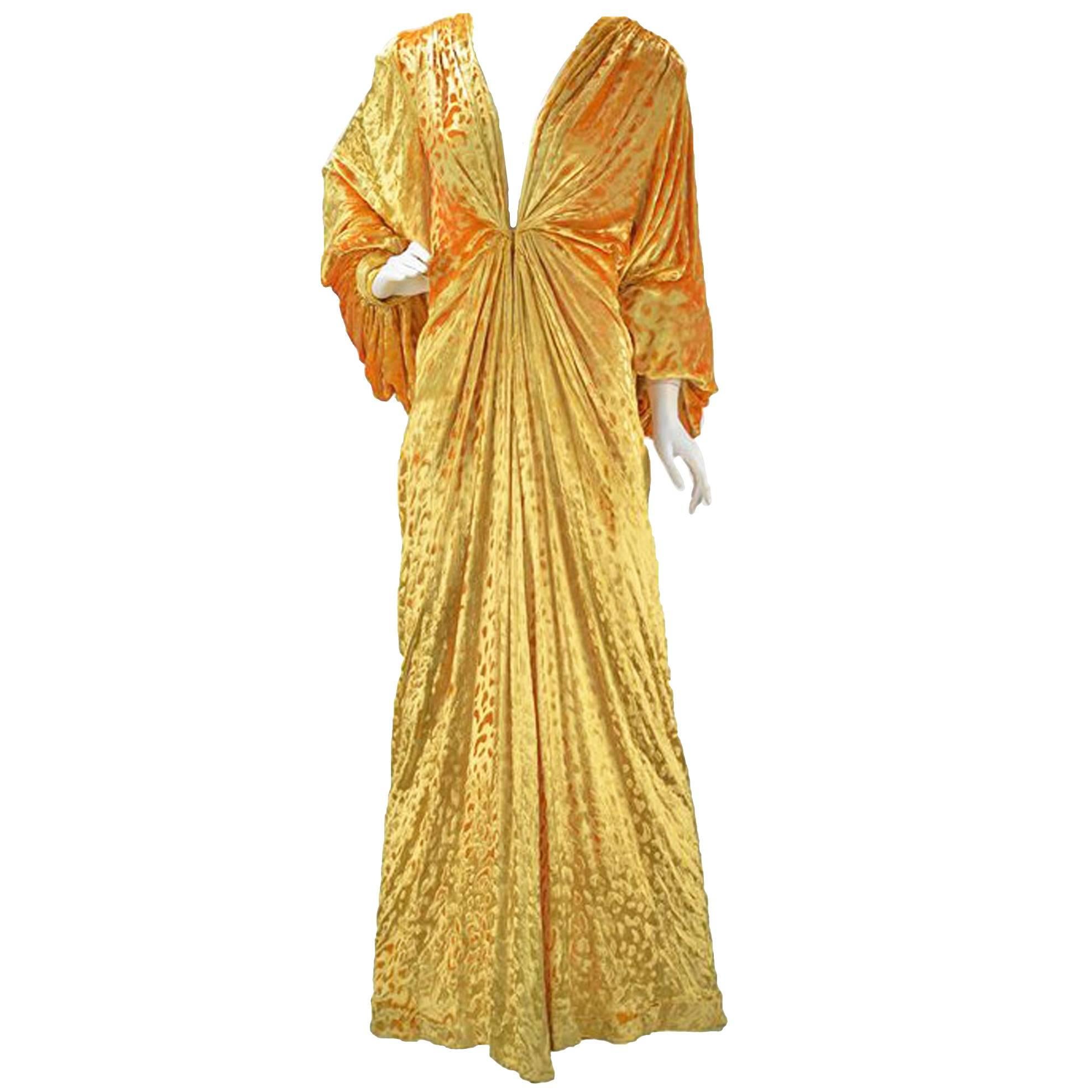 1980s Renato Balestra Attr. Goldenrod Ruched Velvet Gown