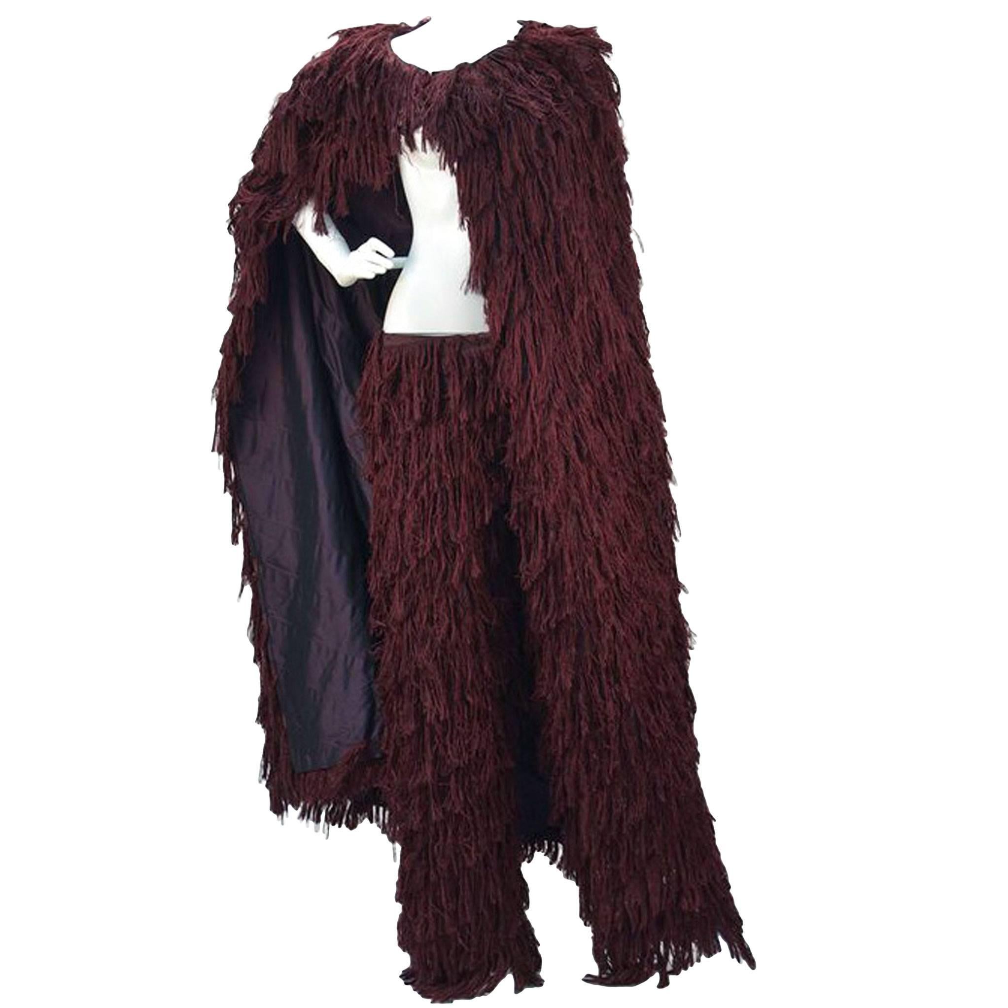 Mila Schon Burgundy Silk Fringe Cape with Matching Fringe Pants