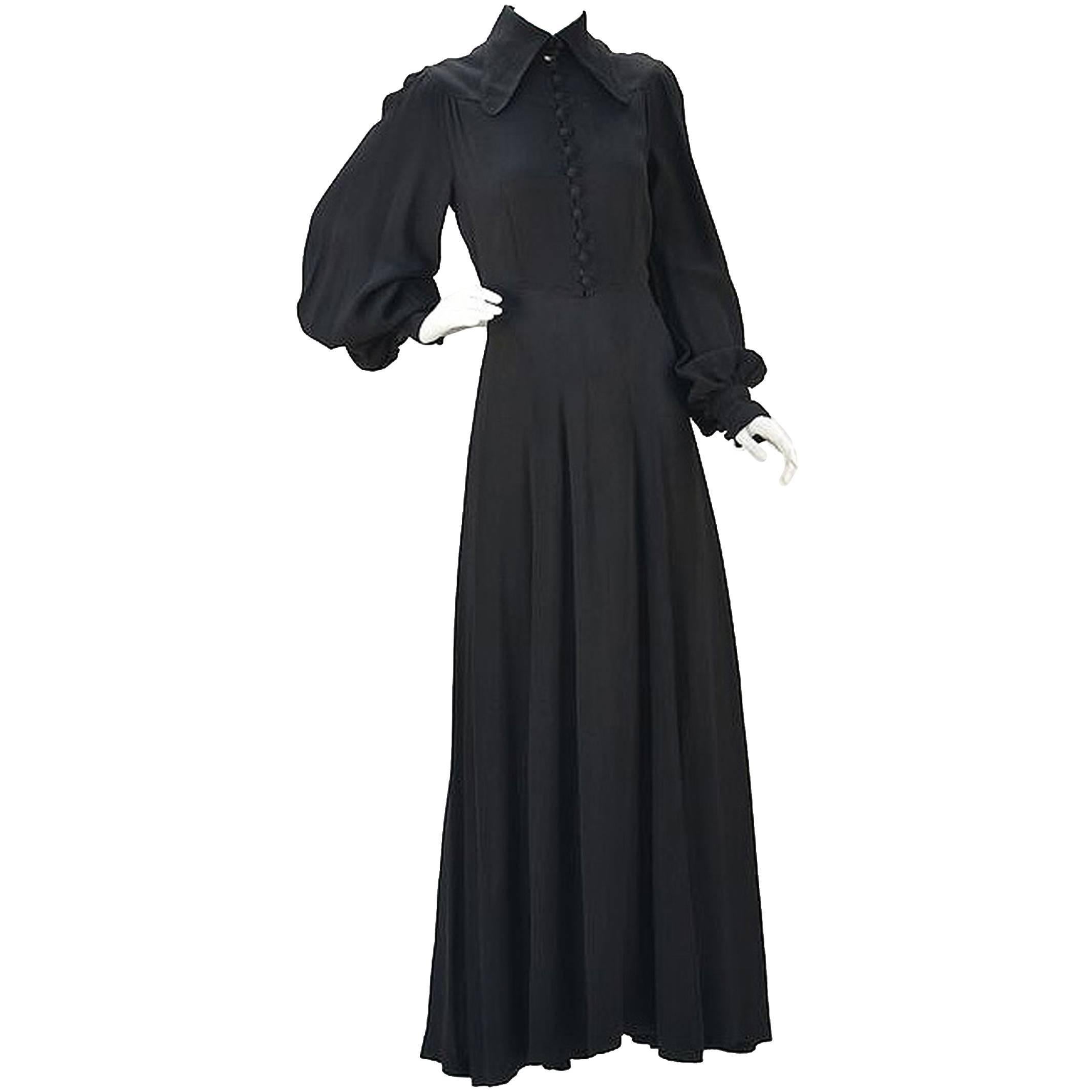 1970s Ossie Clark for Radley Black Moss High Collar Crepe Dress