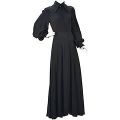 1970s Ossie Clark for Radley Black Moss High Collar Crepe Dress