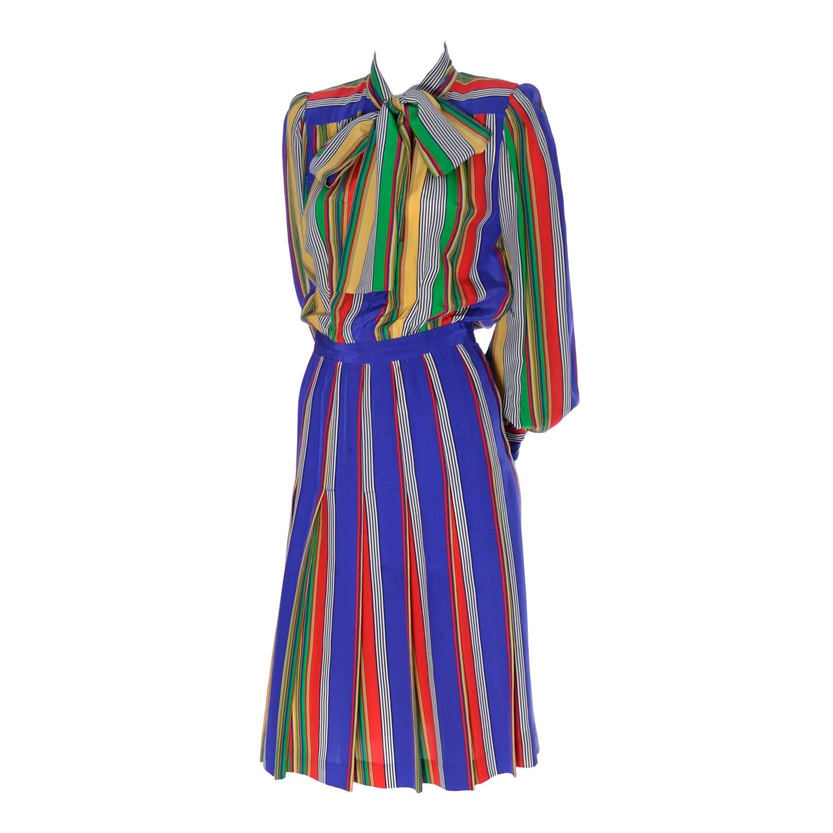 Vintage YSL Rive Gauche Silk Dress Stripes Yves Saint Laurent Paris 36 Bow