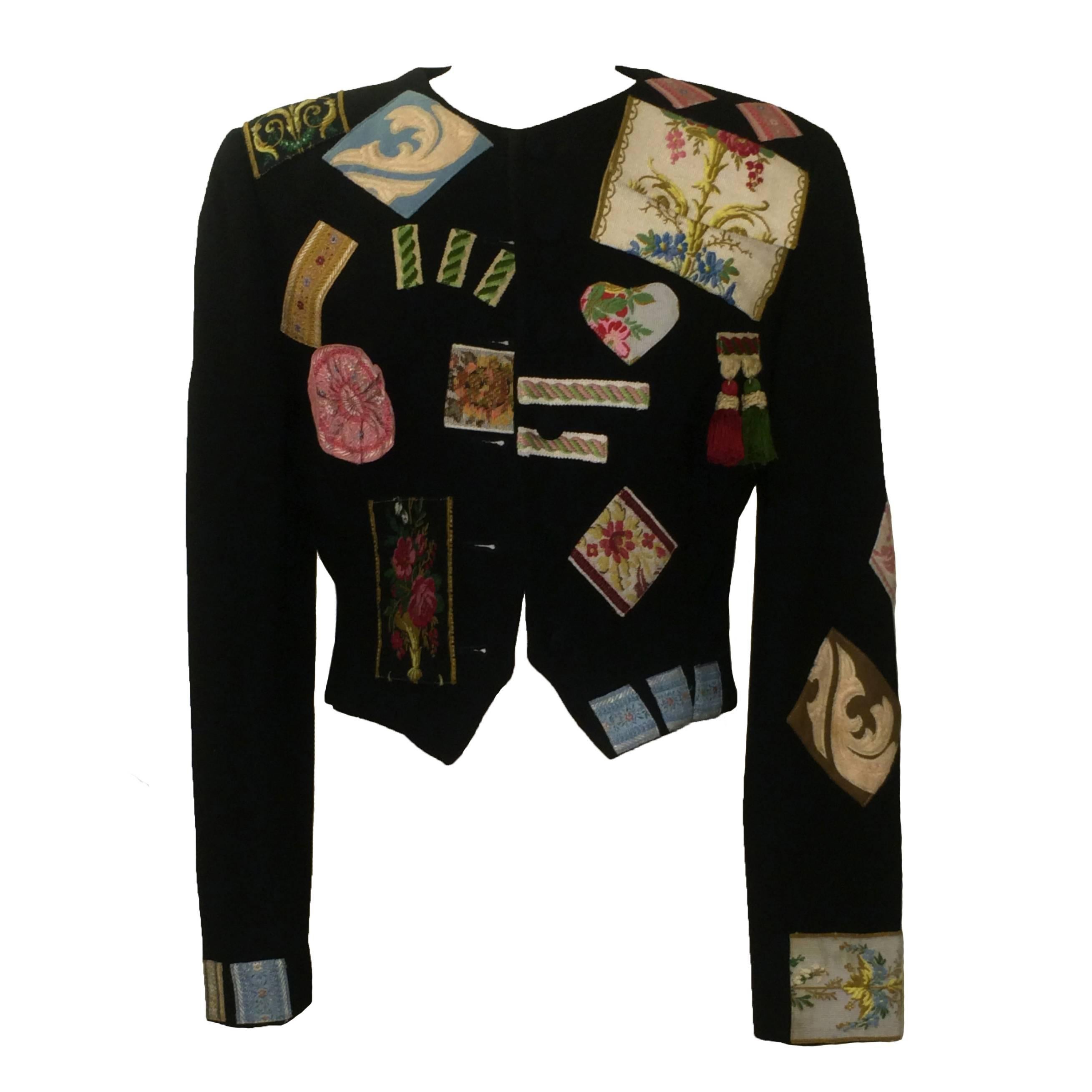 Moschino Couture! 1988 Black Wool Patchwork Embellished Jacket